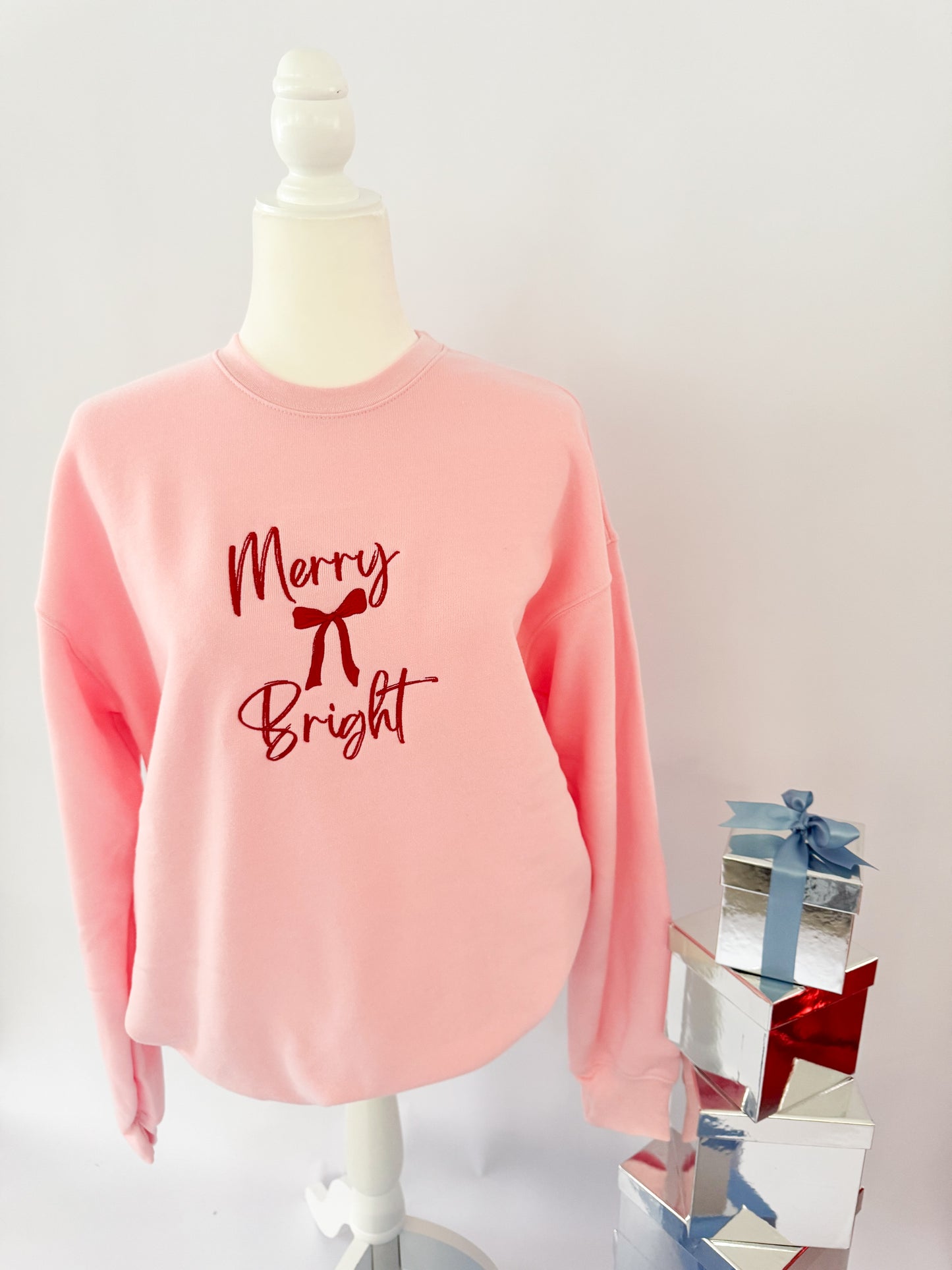 Merry & Bright Bow Embroidered ADULT SWEATSHIRT