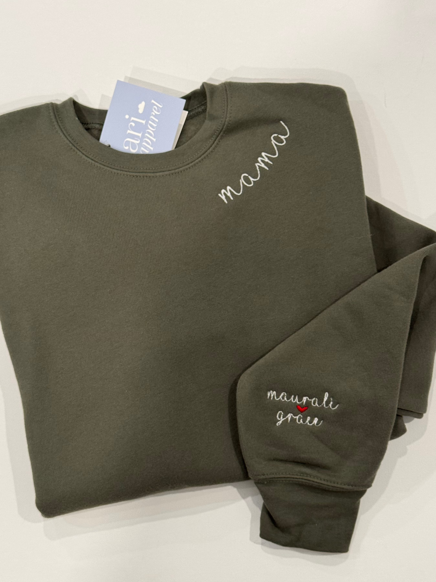 CUSTOM Mom/Aunt/Grandma Embroidered Sweatshirt (script font alongside collar)