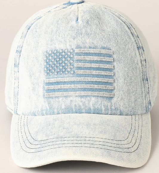 Embossed American Flag Denim Baseball Cap