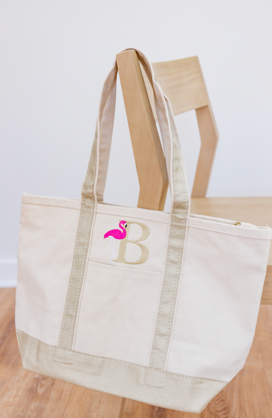 Flamingo with Initial Canvas Tote Bag
