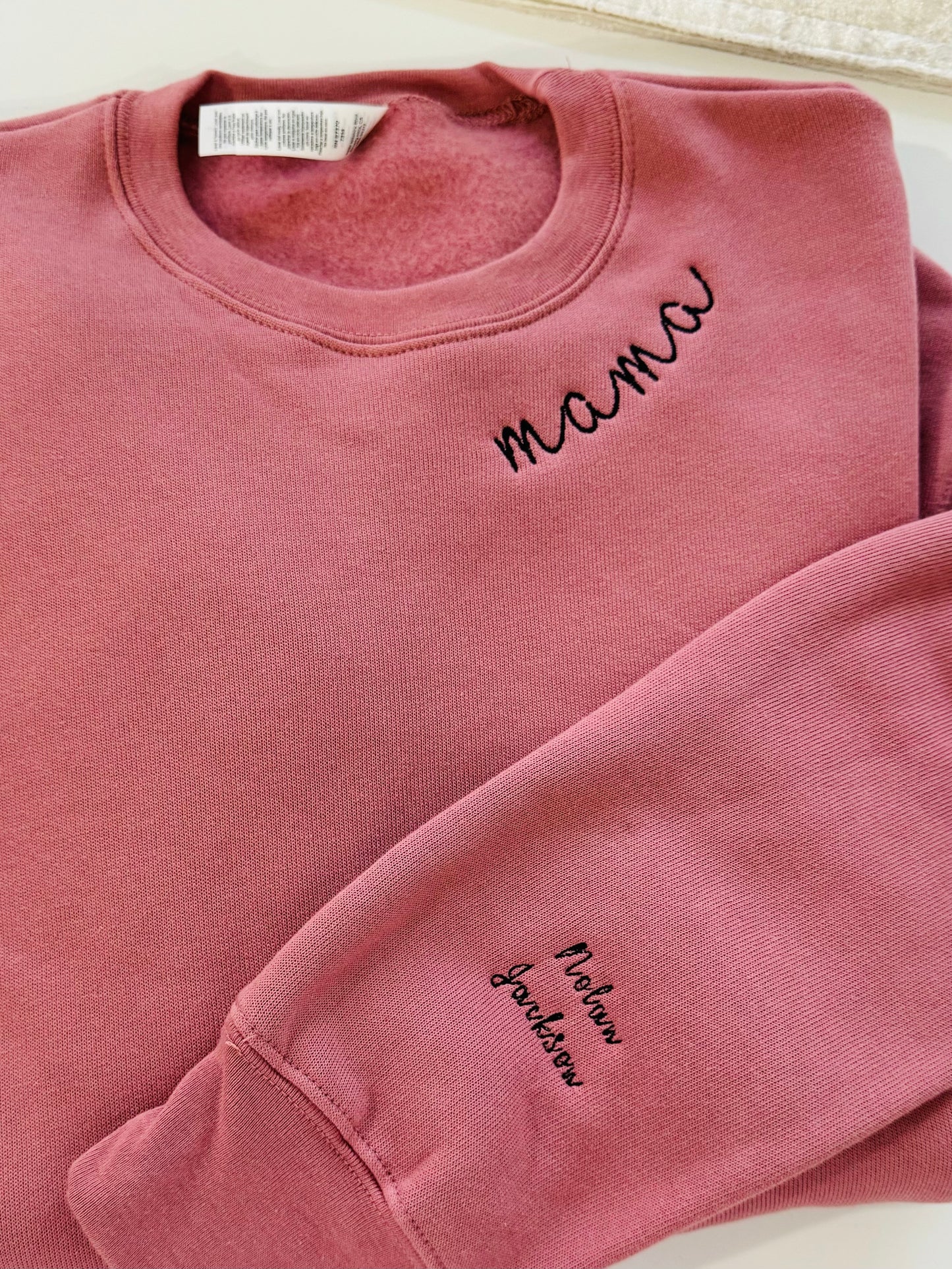 CUSTOM Mom/Aunt/Grandma/Sister Embroidered Sweatshirt (script font alongside collar)